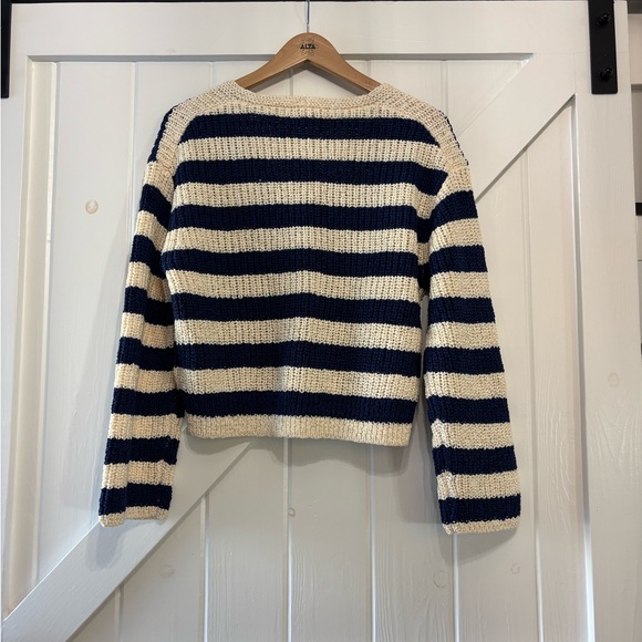 J. Crew Women's V-Neck Navy Cream Chunky Knit Sweater Nautical Fishermancore S - Picture 4 of 10